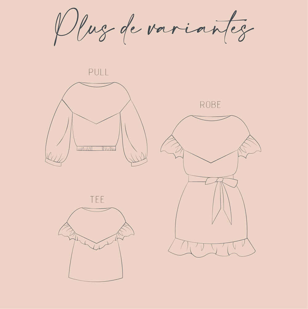 Modèle à coudre Embrun avec variantes : pull, robe et tee shirt, idéal pour couturières débutantes et intermédiaires.