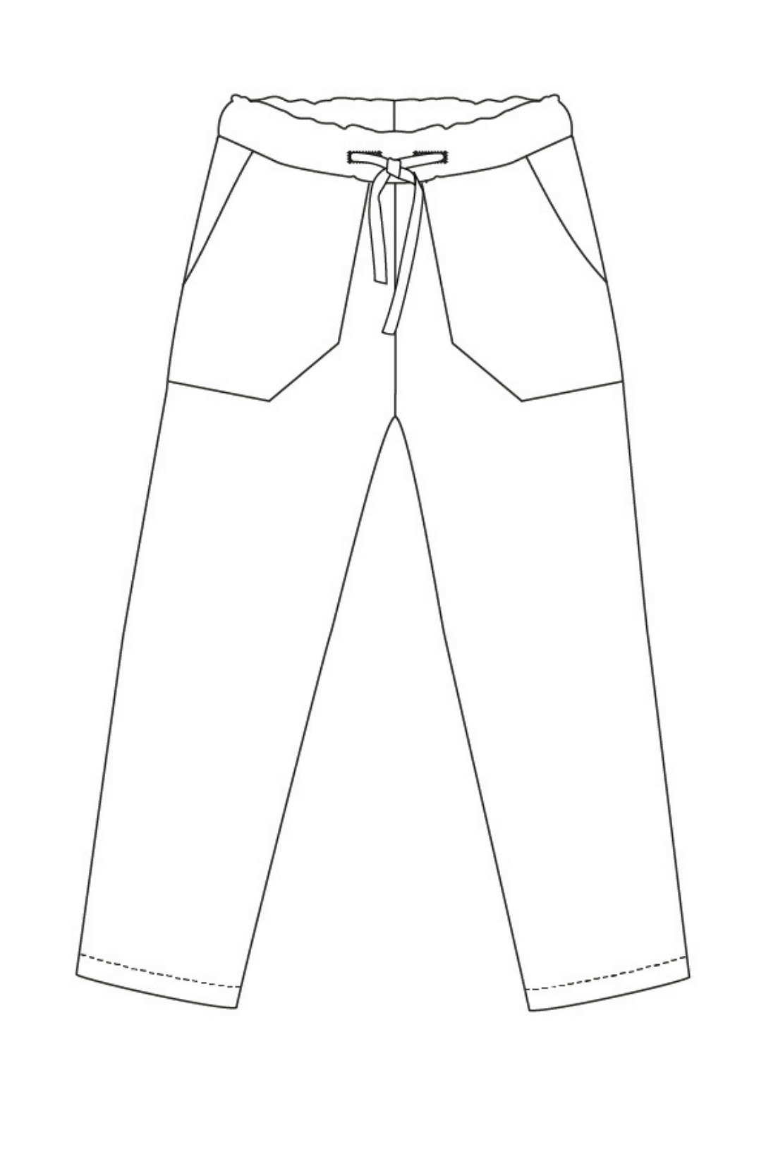 Schéma du pantalon Chambarand pour enfants, modèle PDF avec 11 tailles, cordon à la taille, poches avant.
