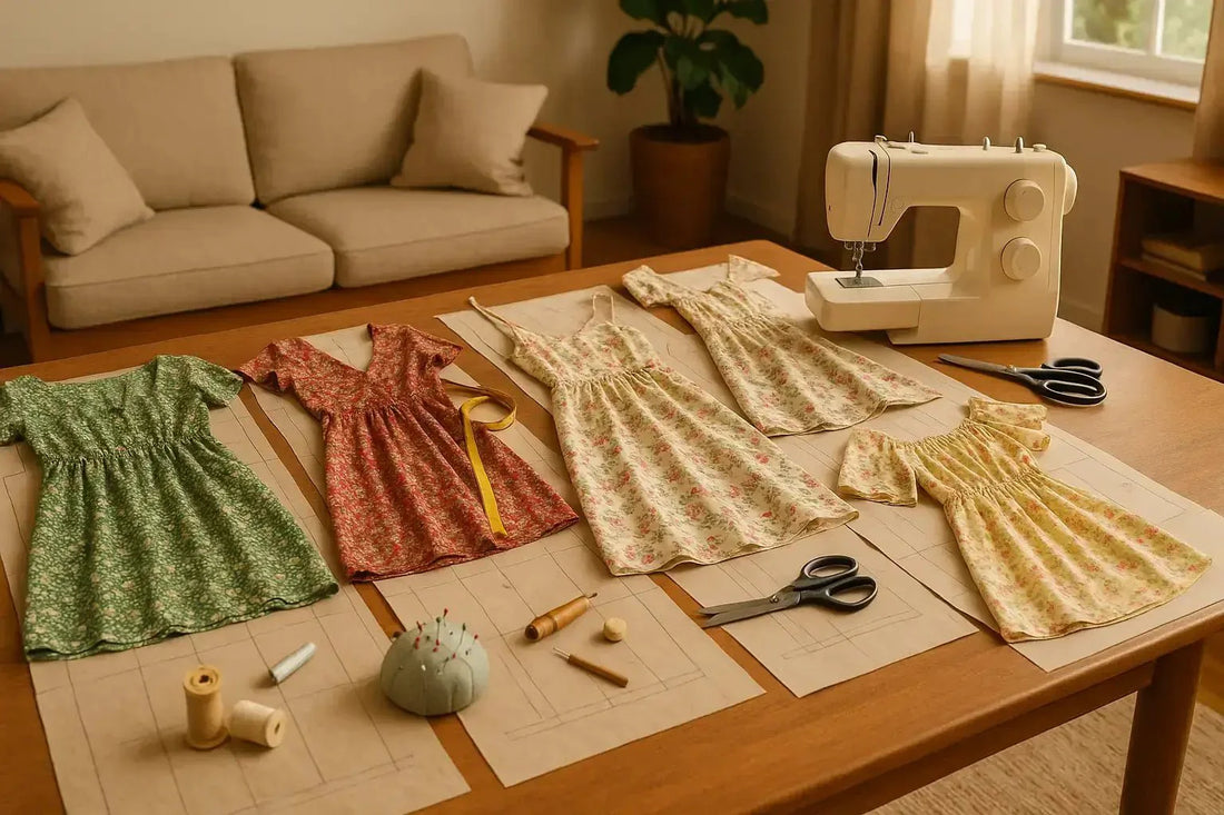 5 modèles de robes d’été simples à coudre disposés sur une table avec une machine à coudre et outils de couture.