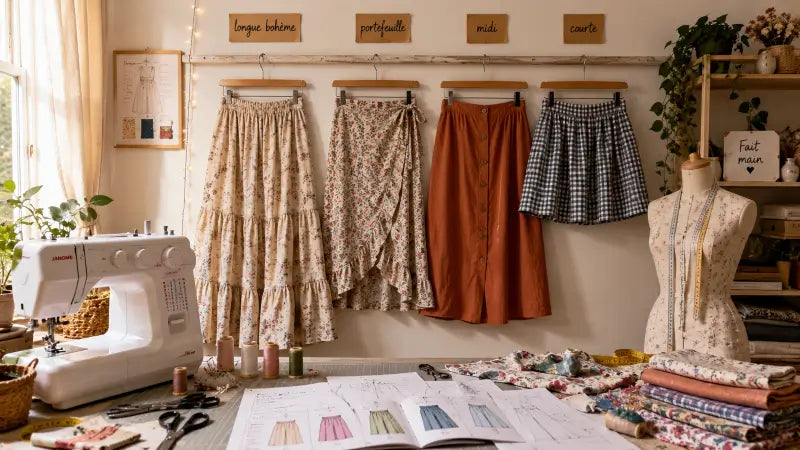 Atelier de couture avec machine à coudre, patrons et différentes jupes d'été cousues main : jupe longue bohème, portefeuille, midi et courte
