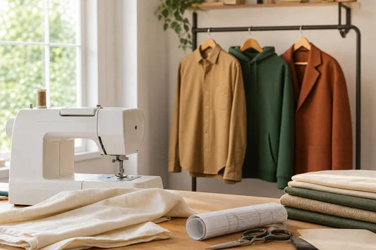Atelier de couture avec une garde-robe masculine cousue main sur une tringle et une machine à coudre