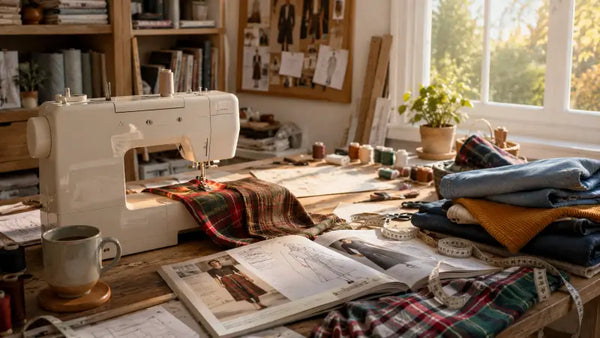 Atelier de couture lumineux avec machine à coudre, tissus tartan, denim et velours côtelé, patrons de couture ouverts et accessoires de couture pour préparer les projets de rentrée