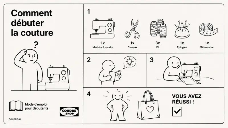 Comment débuter la couture : guide illustré avec machine à coudre, matériel essentiel et étapes pour débutants