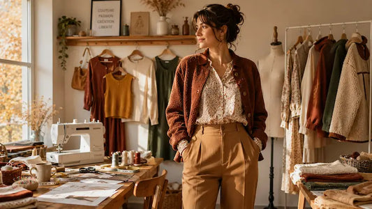 Femme dans un atelier de couture portant une tenue d’automne cousue main avec blouse, pantalon camel et veste