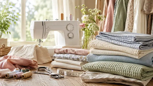 Tissus d’été pour la couture : lin, double gaze, broderie anglaise, chambray et coton disposés dans un atelier de couture lumineux