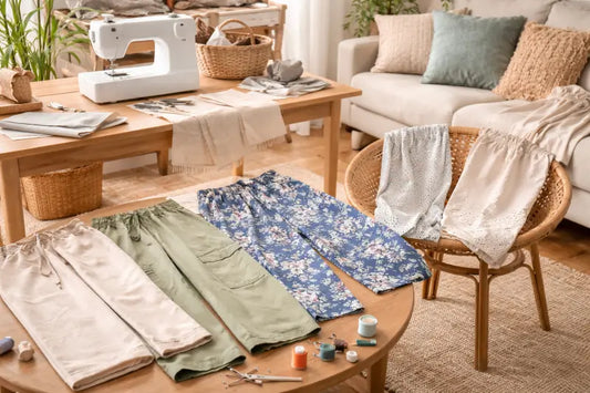 pantalons été cousus main disposés dans un salon cosy avec machine à coudre et matériel de couture autour