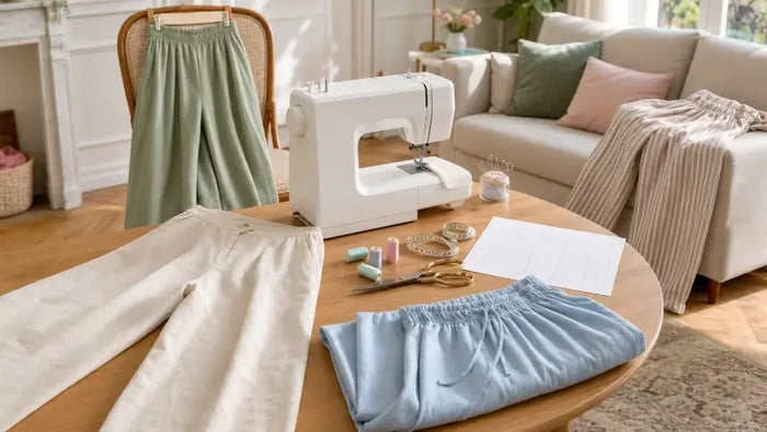Machine à coudre familiale dans un salon parisien avec plusieurs pantalons légers femme cousus pour l’été.