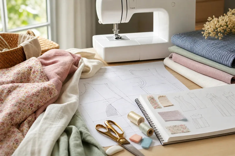 Patrons papier de robes d’été, tissus légers et machine à coudre familiale pour choisir un patron de robe femme.