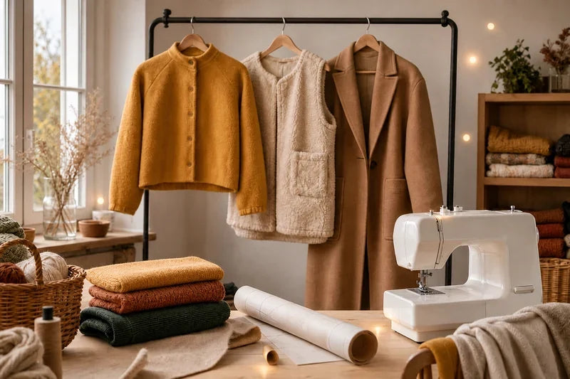 Atelier de couture d'hiver : vestes et manteaux cousus main sur un portant, machine à coudre et lumière chaude