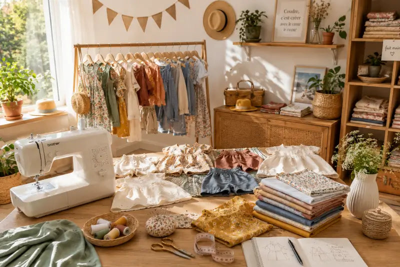 Coin couture d'été dans un salon avec machine à coudre, tissus légers, robes, shorts et blouses enfant cousus main