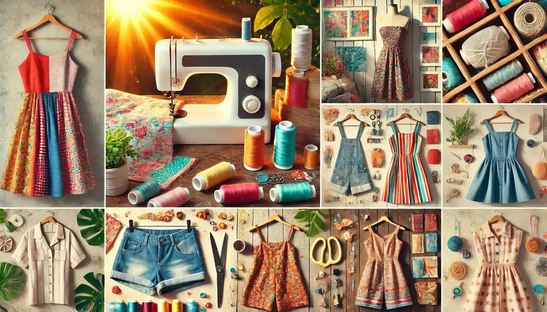 Collection de vêtements à coudre pour une garde-robe estivale en 2025 avec machine à coudre et accessoires DIY.
