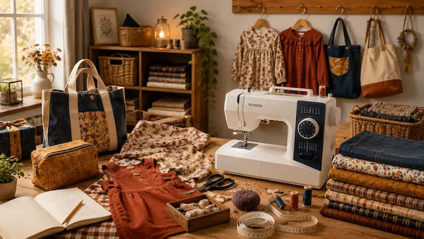 Atelier de couture de rentrée avec machine à coudre Toyota, vêtements pour enfants, sacs, trousses et tissus automnaux cousus main