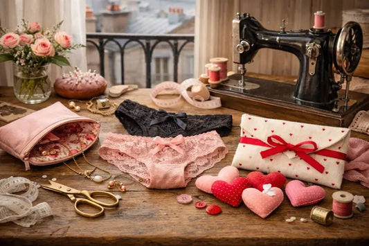 Ambiance couture romantique à Paris : machine à coudre, lingerie en dentelle, cœur en tissu et accessoires DIY pour la Saint-Valentin.