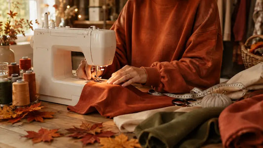 Couturière cousant un sweat automne terracotta à la machine à coudre dans un atelier chaleureux
