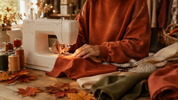 Couturière cousant un sweat automne terracotta à la machine à coudre dans un atelier chaleureux