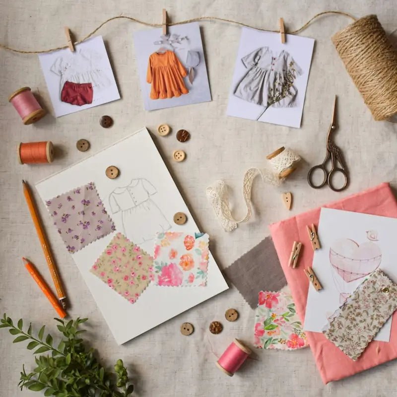 Collection de Patrons de Niveau Intermédiaire PDF à télécharger avec échantillons de tissus, ciseaux et croquis de modèles.