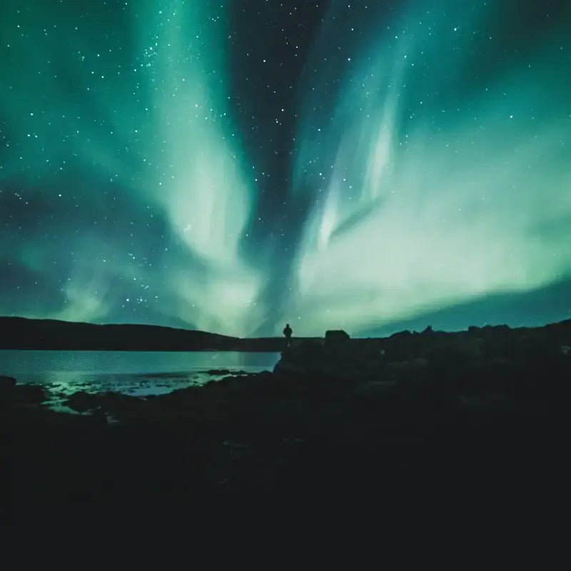 Aurore boréale illuminant le ciel étoilé au-dessus d'un paysage côtier sombre, une silhouette contemplant l'horizon lumineux.
