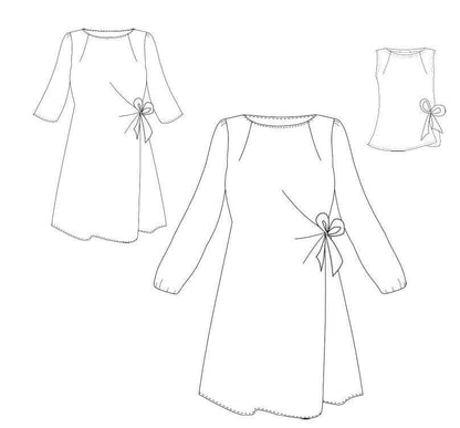 Dessin technique de la robe "Margotte", cintrée à la taille avec nœud, disponible en diverses longueurs de manches.