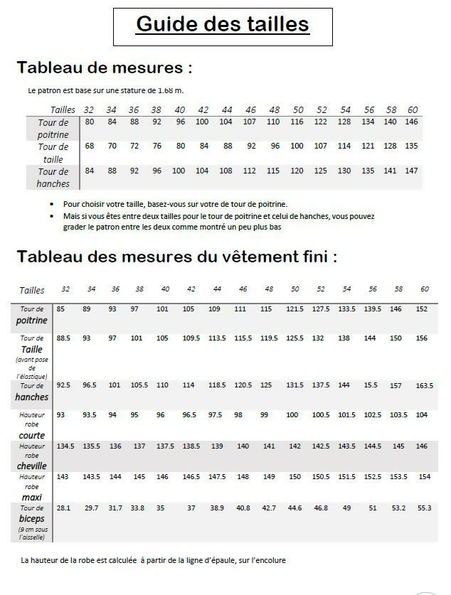 tableau des tailles