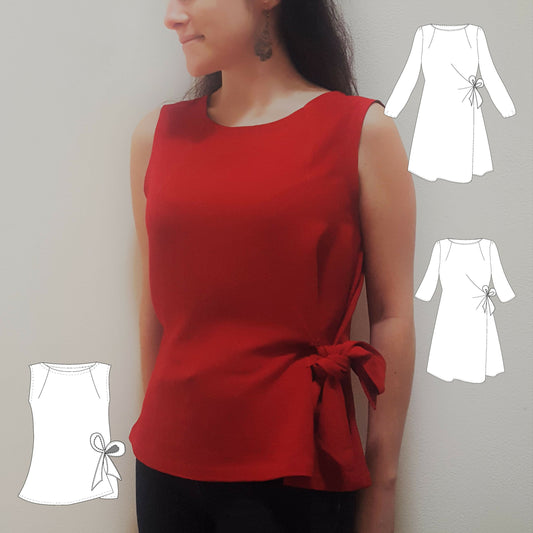 Robe cintrée "Margotte" rouge à porter avec nœud, disponible en plusieurs styles et manches. Couture pratique et élégante.