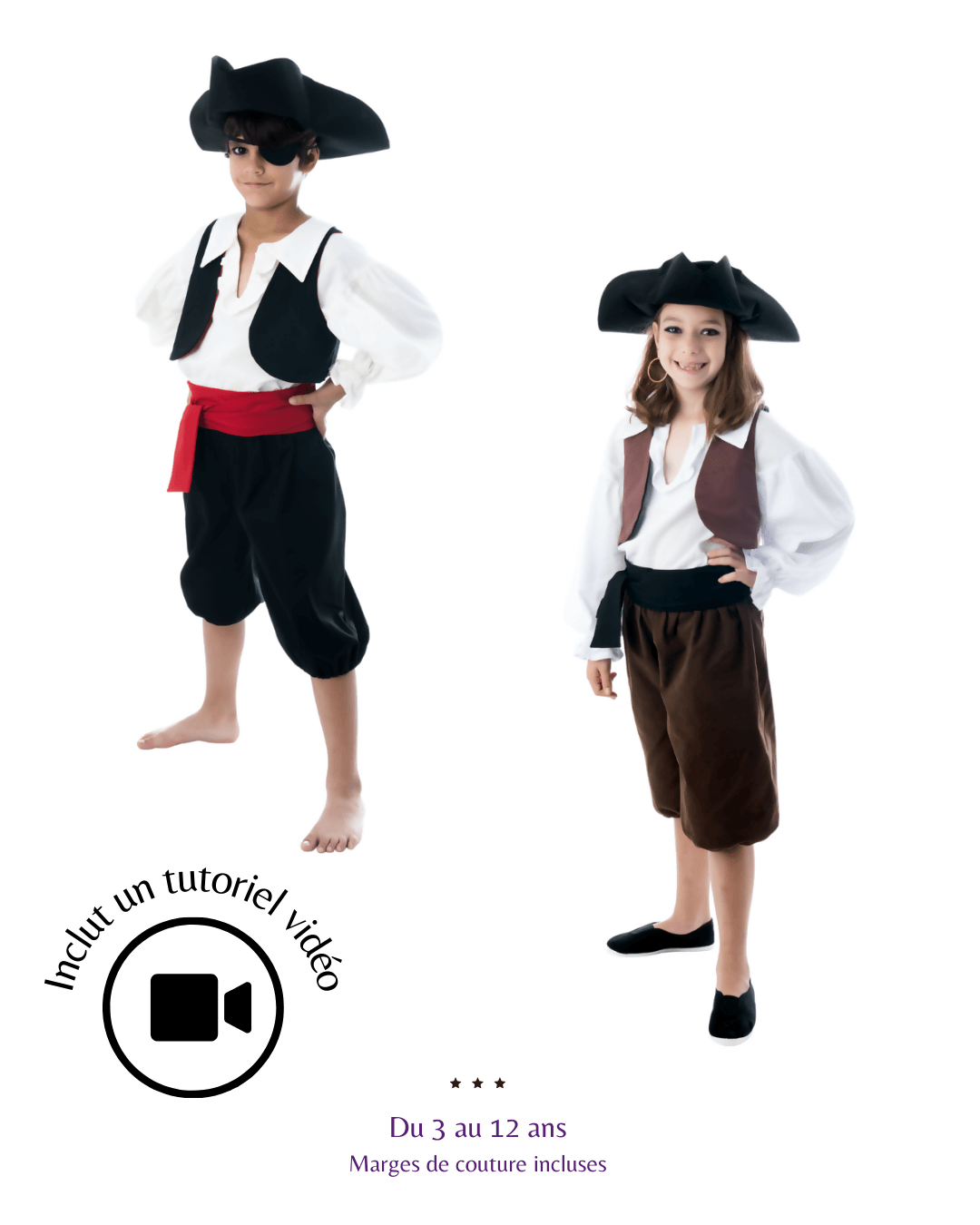 Déguisement de pirate pour enfants, comprenant chemise ample et gilet, entre 3 et 12 ans, avec tutoriel vidéo inclus.