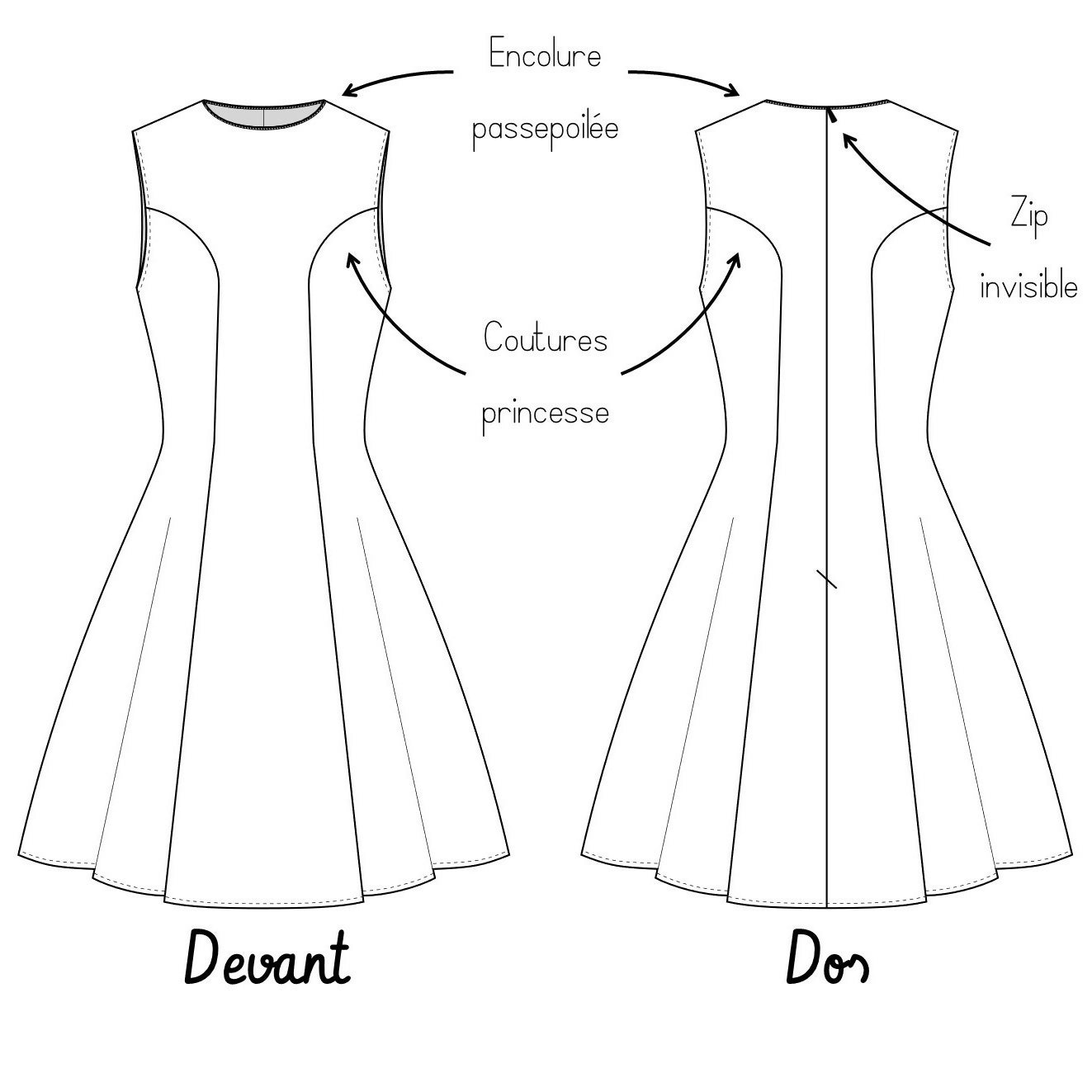 Dessin technique du patron de couture pdf à télécharger pour la Robe Rochelle du 32 au 56, montrant les coutures princesse et zip invisible.