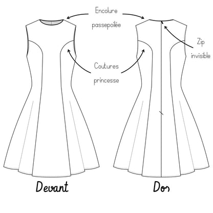 Dessin technique du patron de couture pdf à télécharger pour la Robe Rochelle du 32 au 56, montrant les coutures princesse et zip invisible.