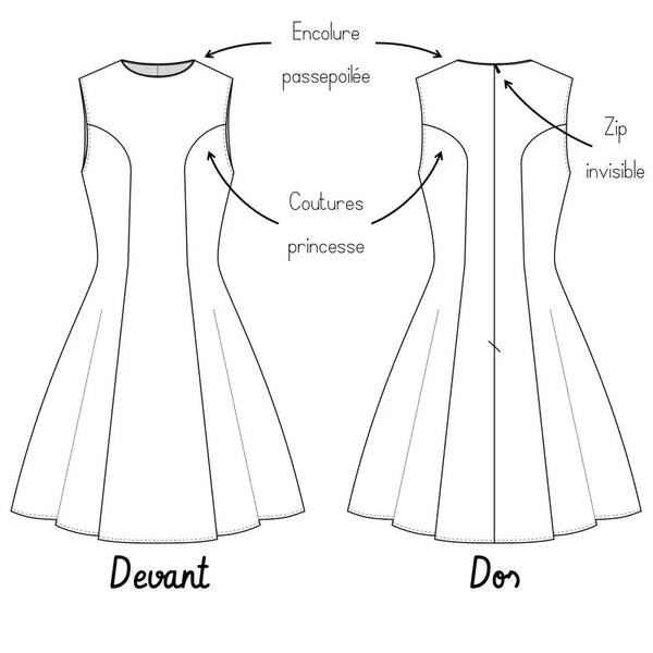 Dessin technique du patron de couture pdf à télécharger pour la Robe Rochelle du 32 au 56, montrant les coutures princesse et zip invisible.