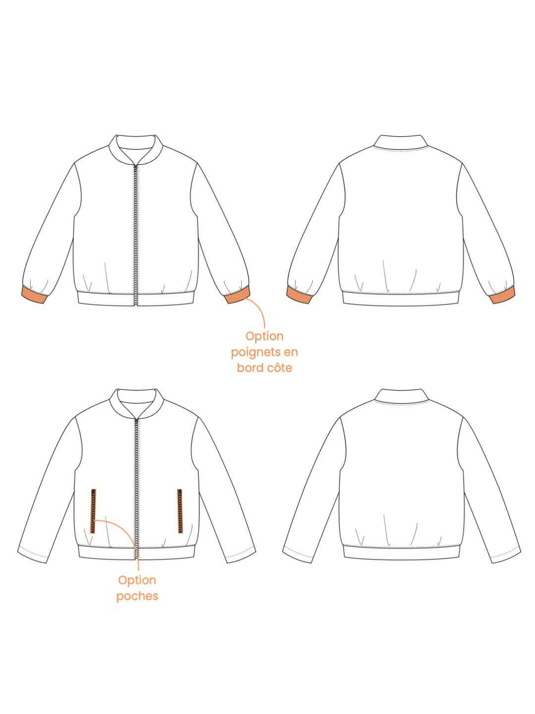 Schéma du patron de couture pdf à télécharger AMANDE : le bomber avec options de poches et poignets en bord côte.
