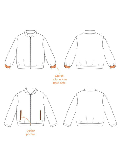 Schéma du patron de couture pdf à télécharger AMANDE : le bomber avec options de poches et poignets en bord côte.