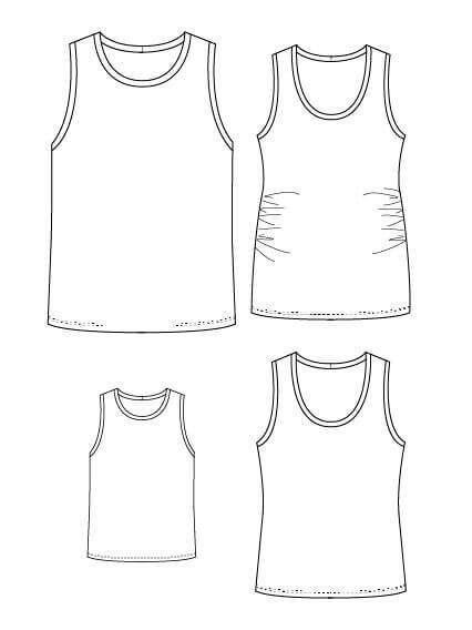 Illustration du patron de couture ANANAS - le débardeur super facile à coudre, incluant versions grossesse et différentes tailles.