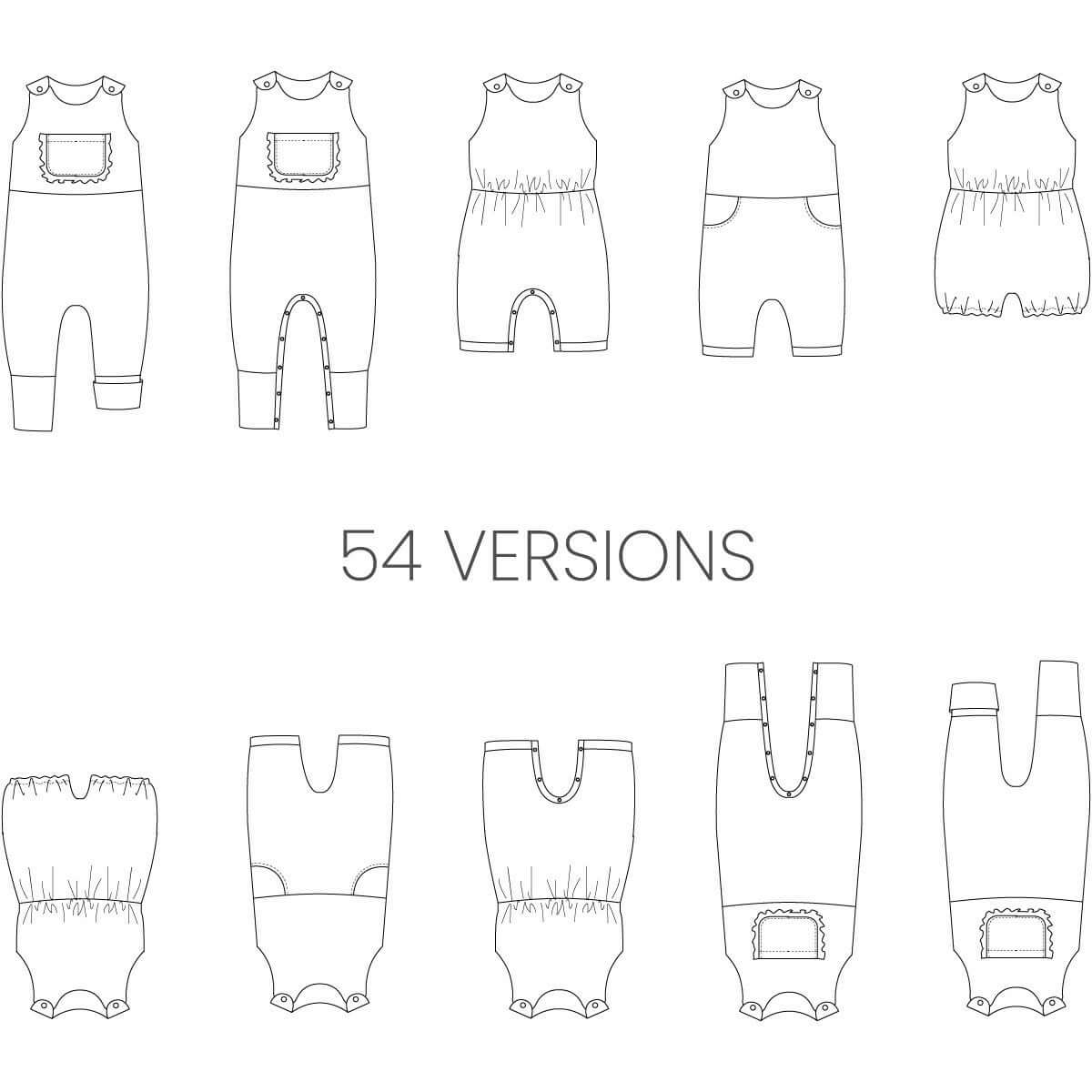 Illustration du BERGAMOTE - La combinaison aux 54 versions, patron de couture pdf à télécharger pour combi bébé.