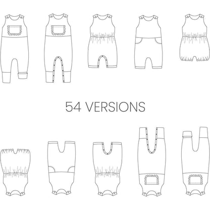 Illustration du BERGAMOTE - La combinaison aux 54 versions, patron de couture pdf à télécharger pour combi bébé.