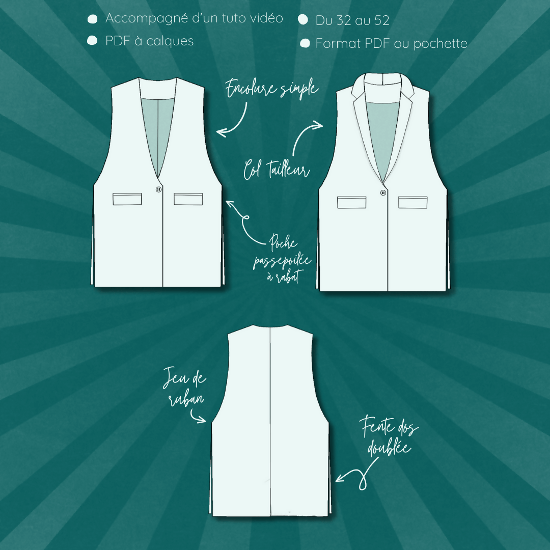 Patron de couture PDF à télécharger pour le Blazer Isatis | Taille 32 à 52, avec détails de col tailleur et rubans ajustables.