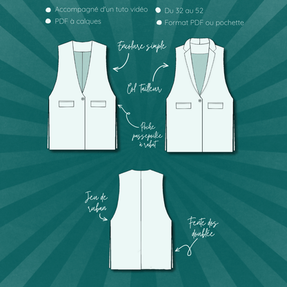 Patron de couture PDF à télécharger pour le Blazer Isatis | Taille 32 à 52, avec détails de col tailleur et rubans ajustables.