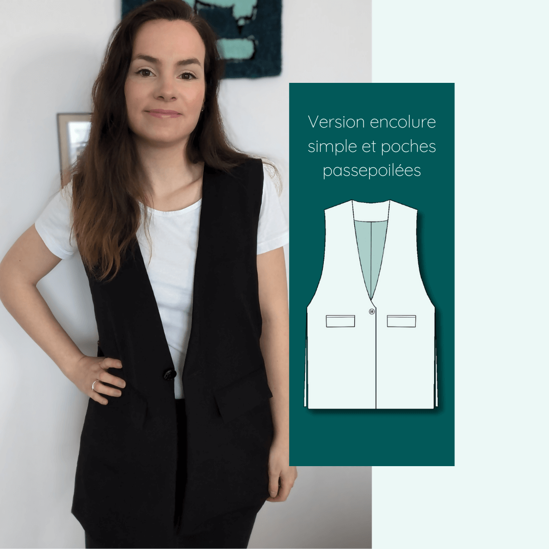Femme portant le Blazer Isatis | Taille 32 à 52, un patron de couture pdf à télécharger, avec encolure simple et poches passepoilées.