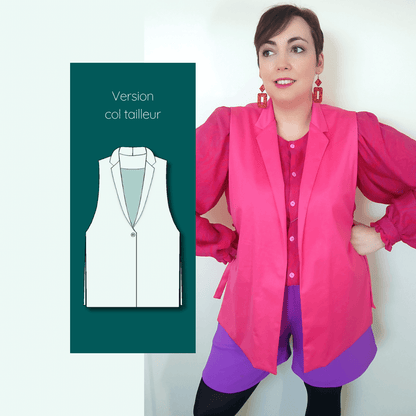 Blazer Isatis | Taille 32 à 52 présenté sur mannequin, version col tailleur, patron de couture pdf à télécharger, tendance et moderne.