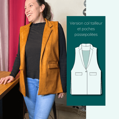 Femme portant le Blazer Isatis | Taille 32 à 52 avec col tailleur, patron de couture pdf à télécharger, design moderne et élégant.
