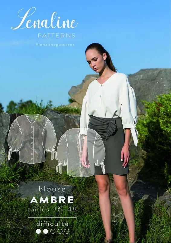 Blouse Ambre avec manches bouffantes et encolure en V, patron de couture pdf à télécharger.