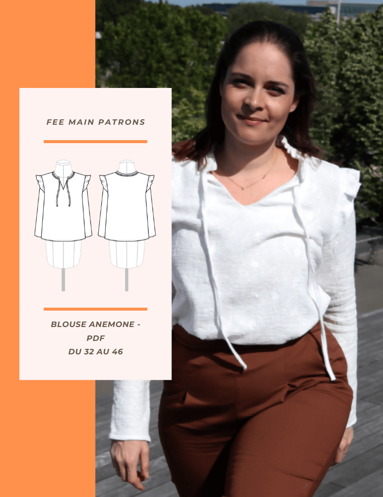Blouse Anémone élégante pour événements, patron de couture PDF à télécharger, femme portant la blouse en extérieur.