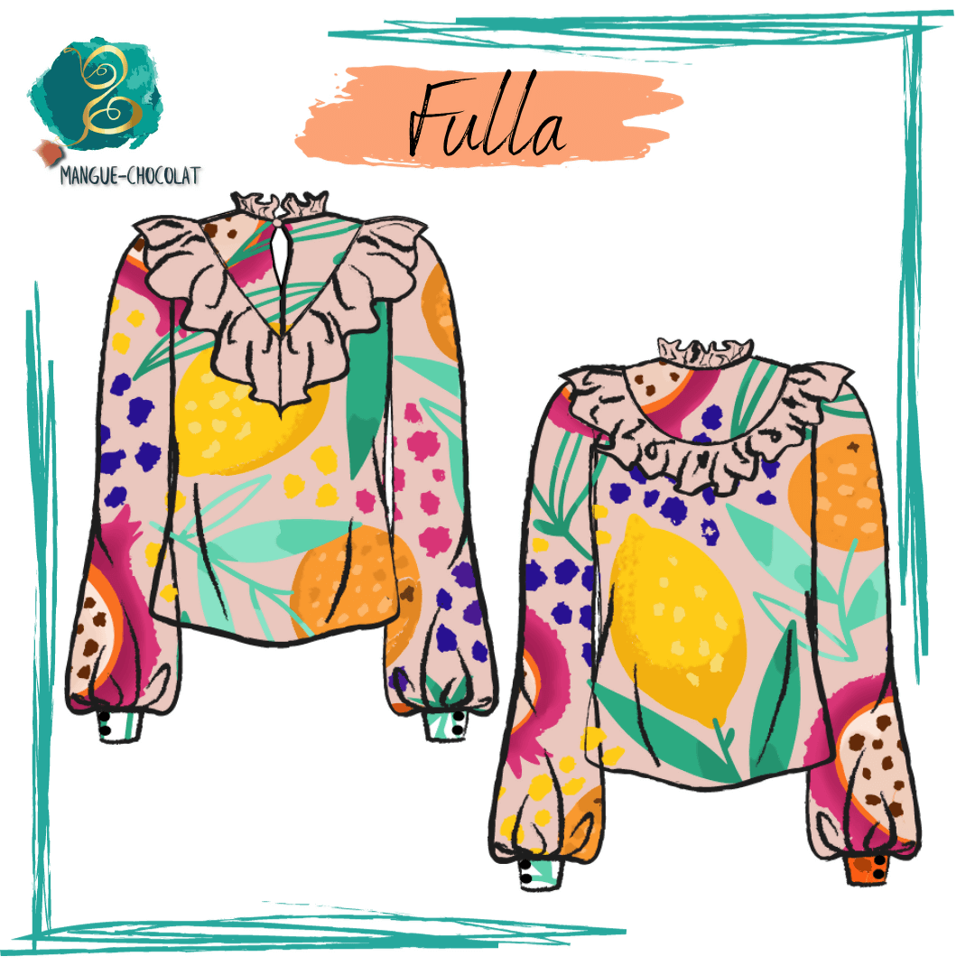 Blouse Fulla avec col montant froncé et motifs colorés, disponible pour patrons de couture PDF taille 36 à 50.