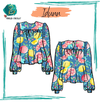 Blouse Idunn avec volants colorés et col arrondi, patron de couture en PDF à télécharger, tailles 36 à 50.