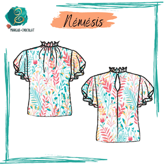 Blouse Némésis à col montant et manches volantées, patron de couture en PDF, tailles 36 à 50, illustration colorée.