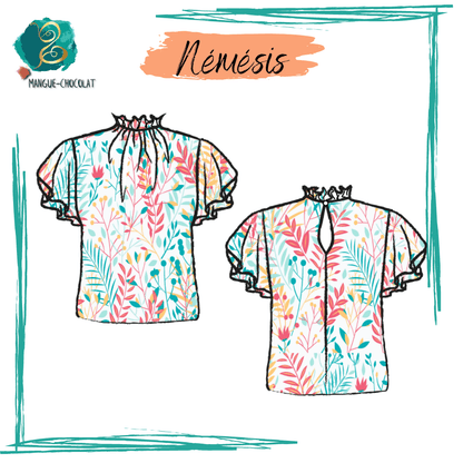 Blouse Némésis à col montant et manches volantées, patron de couture en PDF, tailles 36 à 50, illustration colorée.