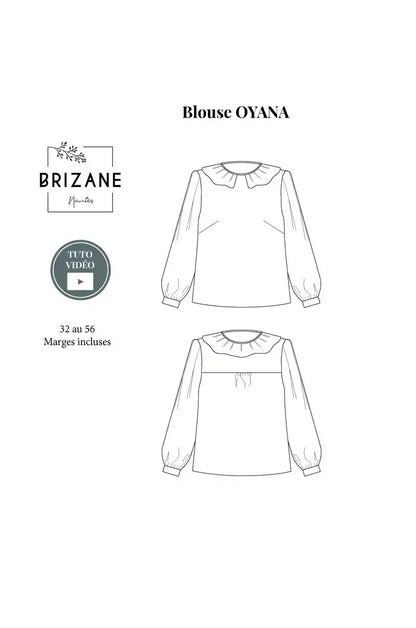 Schéma de couture "Blouse OYANA - 32 au 56", patron PDF à télécharger, manches longues avec plis, col élégant, brizane.fr.