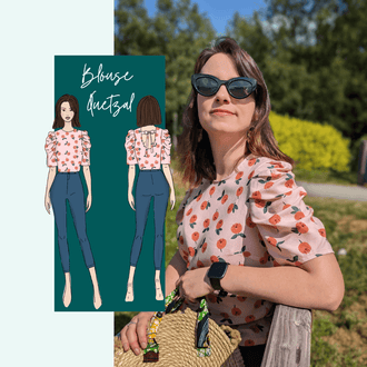 Femme portant la Blouse Quetzal | Taille 32 à 50 avec illustration, patron de couture pdf à télécharger disponible.