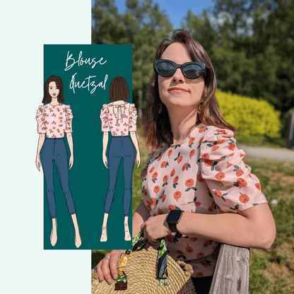 Femme portant la Blouse Quetzal | Taille 32 à 50 avec illustration, patron de couture pdf à télécharger disponible.