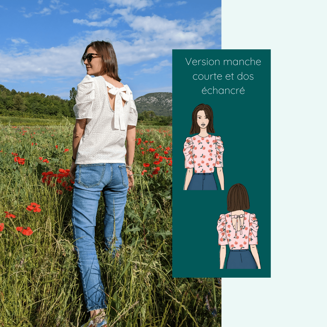 Femme portant la Blouse Quetzal | Taille 32 à 50 avec mancherons courts, vue de dos, patron de couture pdf à télécharger.