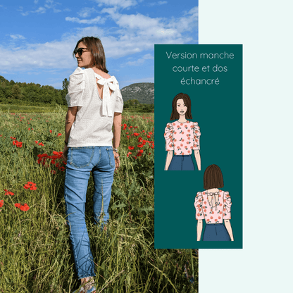 Femme portant la Blouse Quetzal | Taille 32 à 50 avec mancherons courts, vue de dos, patron de couture pdf à télécharger.