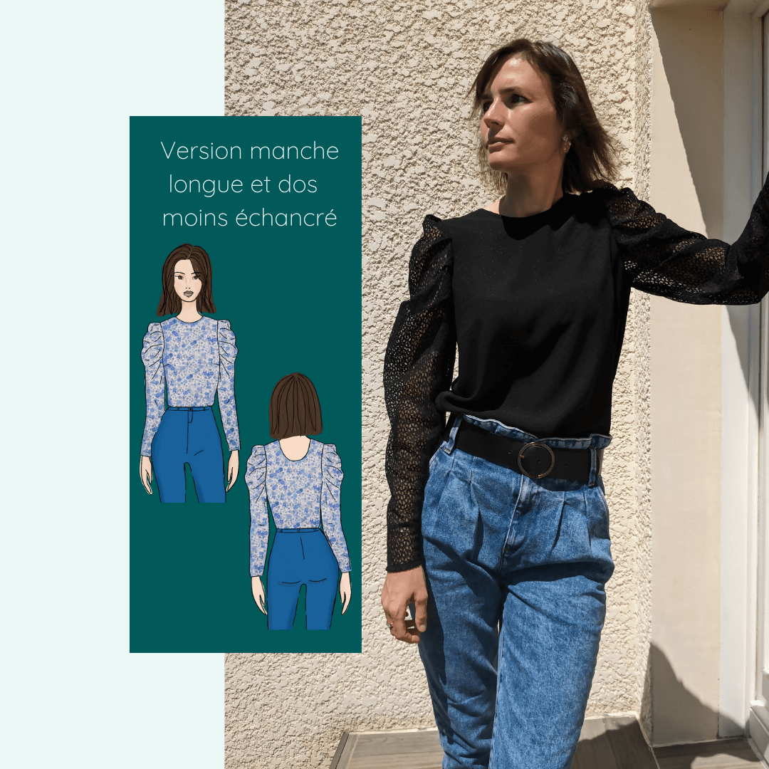 Homme portant la Blouse Quetzal | Taille 32 à 50 avec version longue, accompagnée d'une image du patron de couture pdf à télécharger.